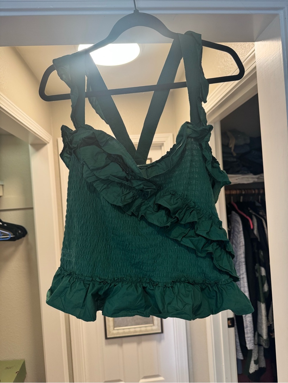 Maeve Emerald Green Ruffled Smocked Tank Top